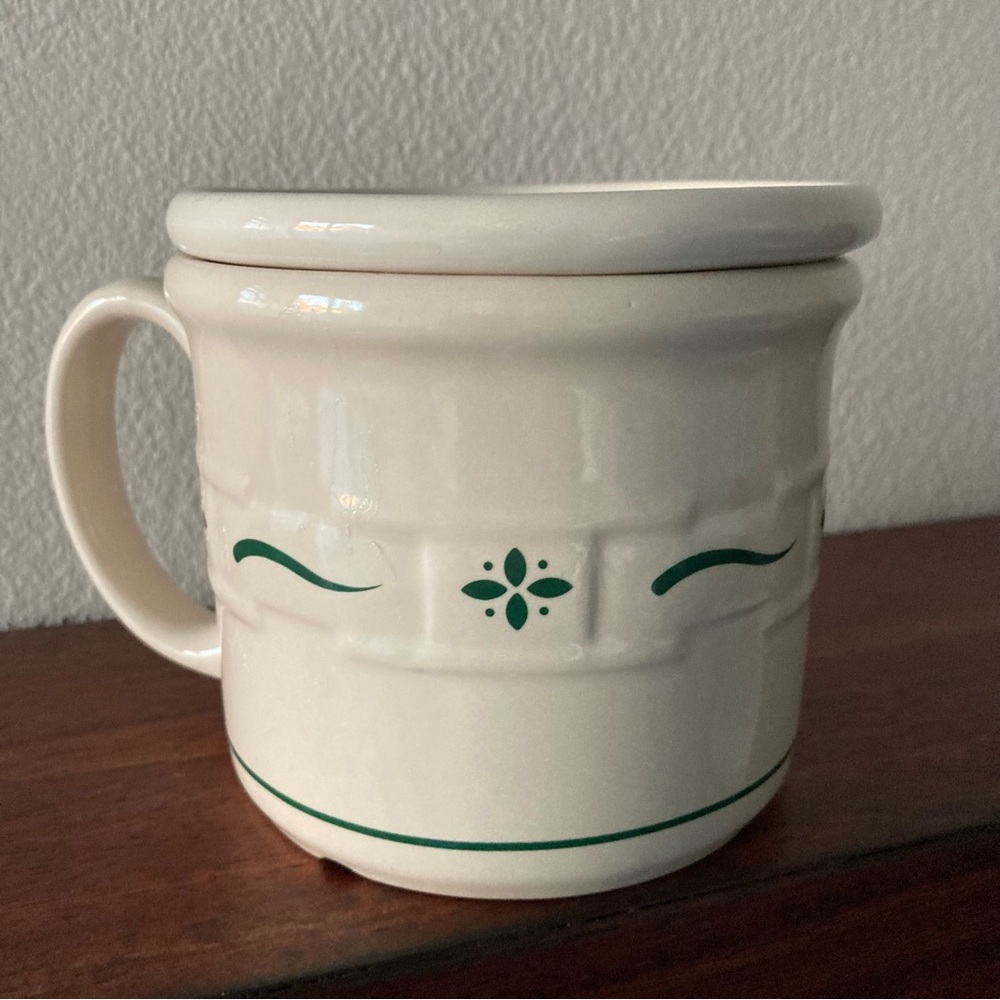 Longaberger Pottery Woven Traditions HERITAGE Green Ceramic Soup Mug Cup w Lid